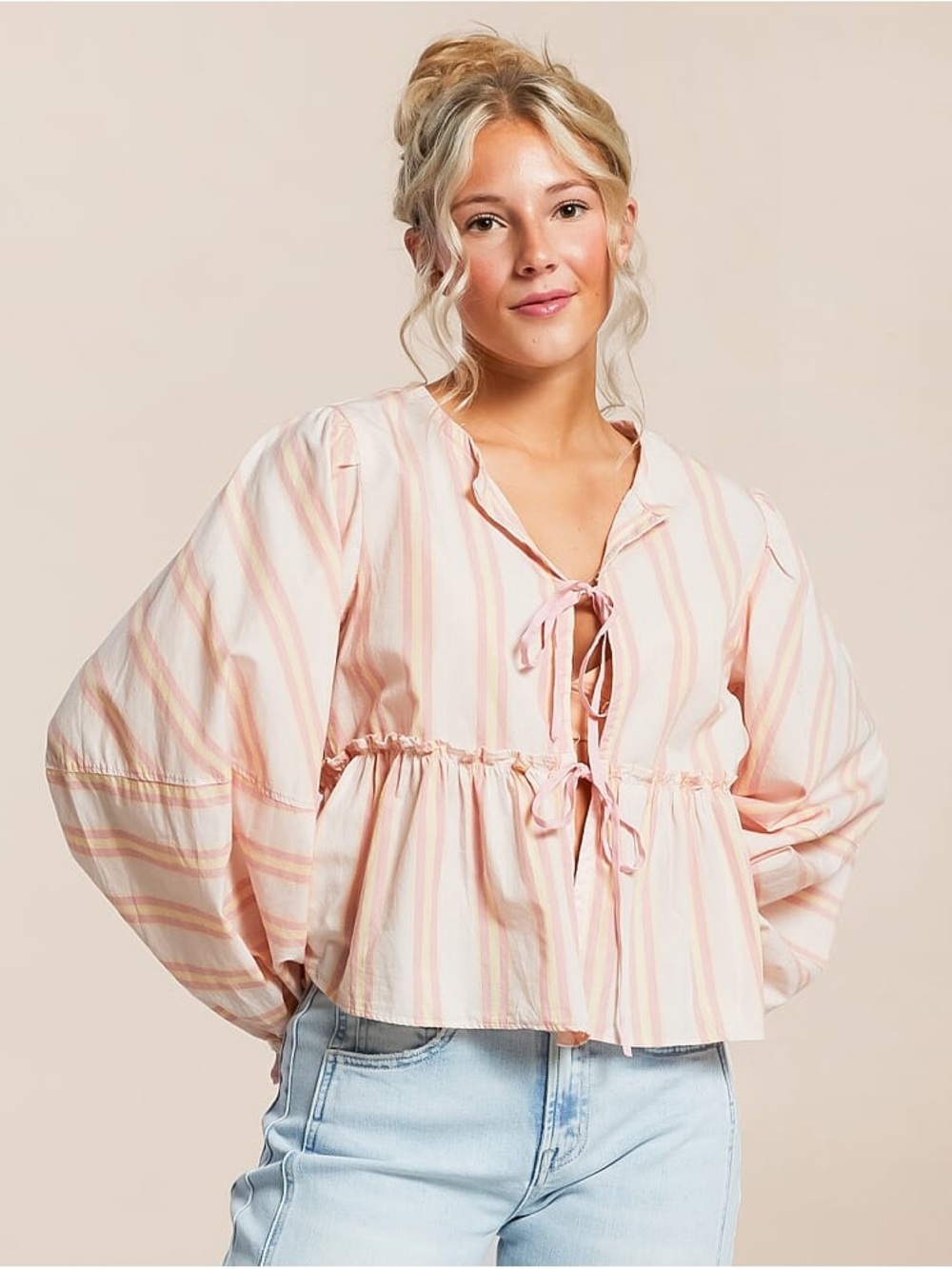 Free People Peach & Cream Striped Tie-Front Peplum Blouse
